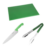 Hygiplas Colour Coded Green Set - Tong Chopping Board & Cooks Knife (Set of 3)