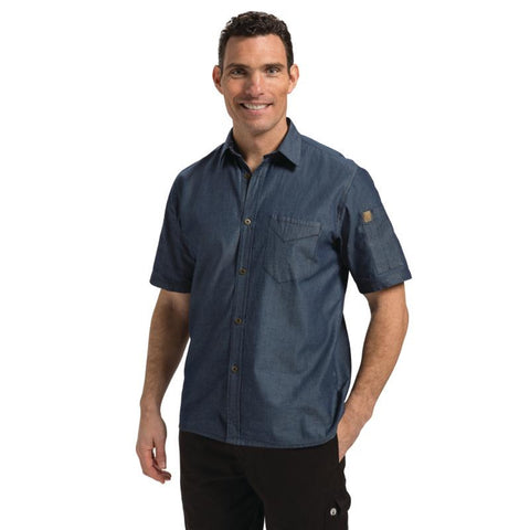 Chef Works Unisex Detroit Denim Short Sleeve Shirt Blue L