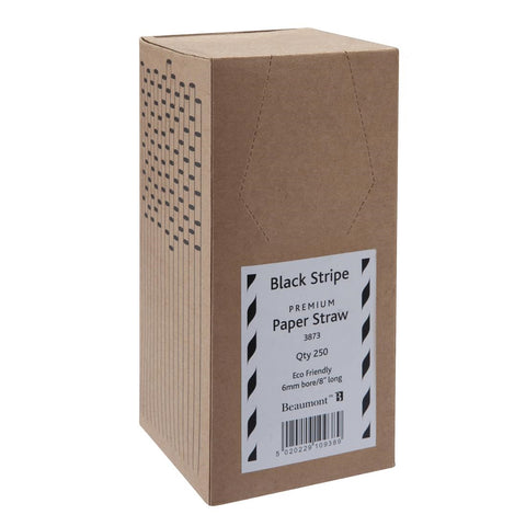 Beaumont Black & White Stripped Bore Paper Straw 8 Inch 6mm (Pack of 250)